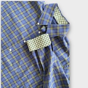 Lochlane Men's Flip Cuff Plaid Button Down Shirt Blue Green Gingham Large Preppy